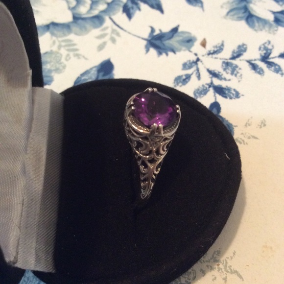 ART DECO STYLE STERLING SILVER AMETHYST RING SZ 9 - Picture 7 of 8